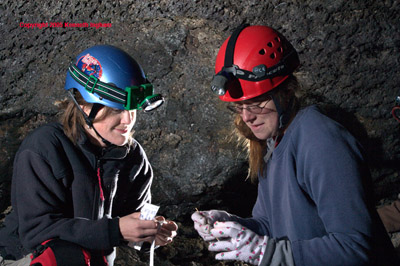 Helen and Kylea inoculate petri dishes with bacteria in Four Windows Cave.
