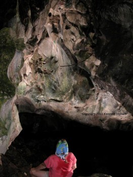 Penelope Boston looks at the mud biovermiculations near the entrance of Cueva de Villa Luz